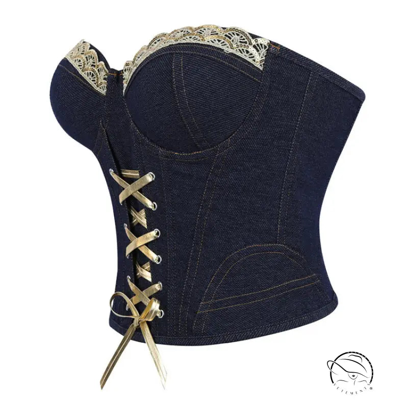 Denim lace-up corset in black blue with steel ring cup, gold accents, floral patterns, langry fashion ملابس