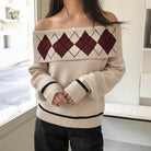 Elegant Langry rhombus plaid jacquard off-shoulder beige sweater