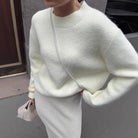 Winter loose long wool alpaca round neck sweater with pearl chain strap