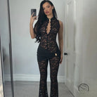 Black lace langry fashion jumpsuit with bell-bottoms and keyhole neckline
