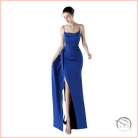 Elegant langry royal blue satin evening gown with high slit