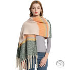 Cozy warm wool scarf in beige, orange, green stripes with fringe