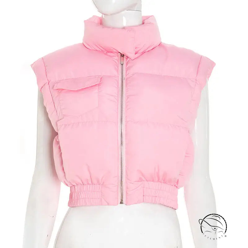 Langry pink puffer vest with high collar and zipper for fashion ملابس