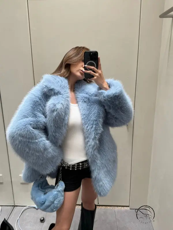 Light blue faux fur coat with oversized sleeves, Langry fashion