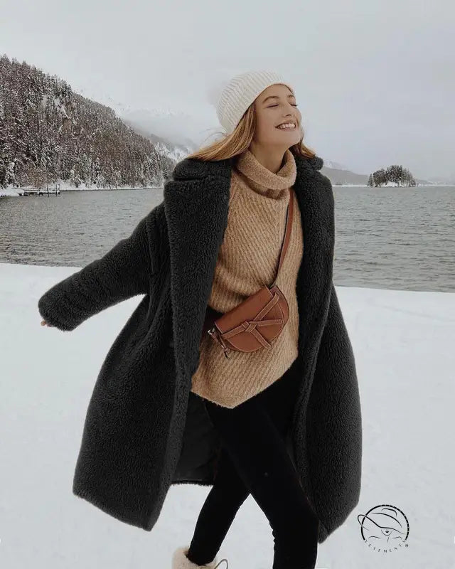 Langry fashion brown leather crossbody bag with bow detail on casual faux fur coat