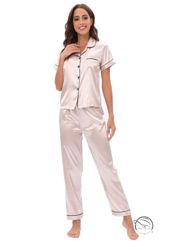 Langry fashion satin pajamas set with black piping and buttons