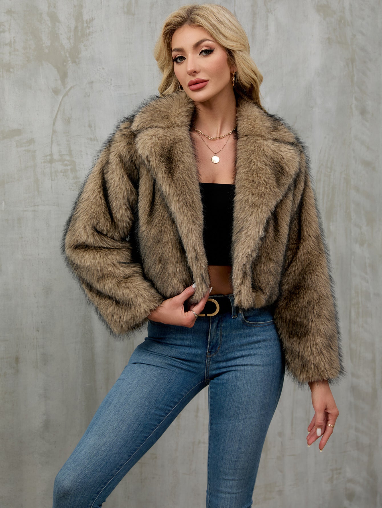 Stylish loose faux fur short cardigan coat in natural brown