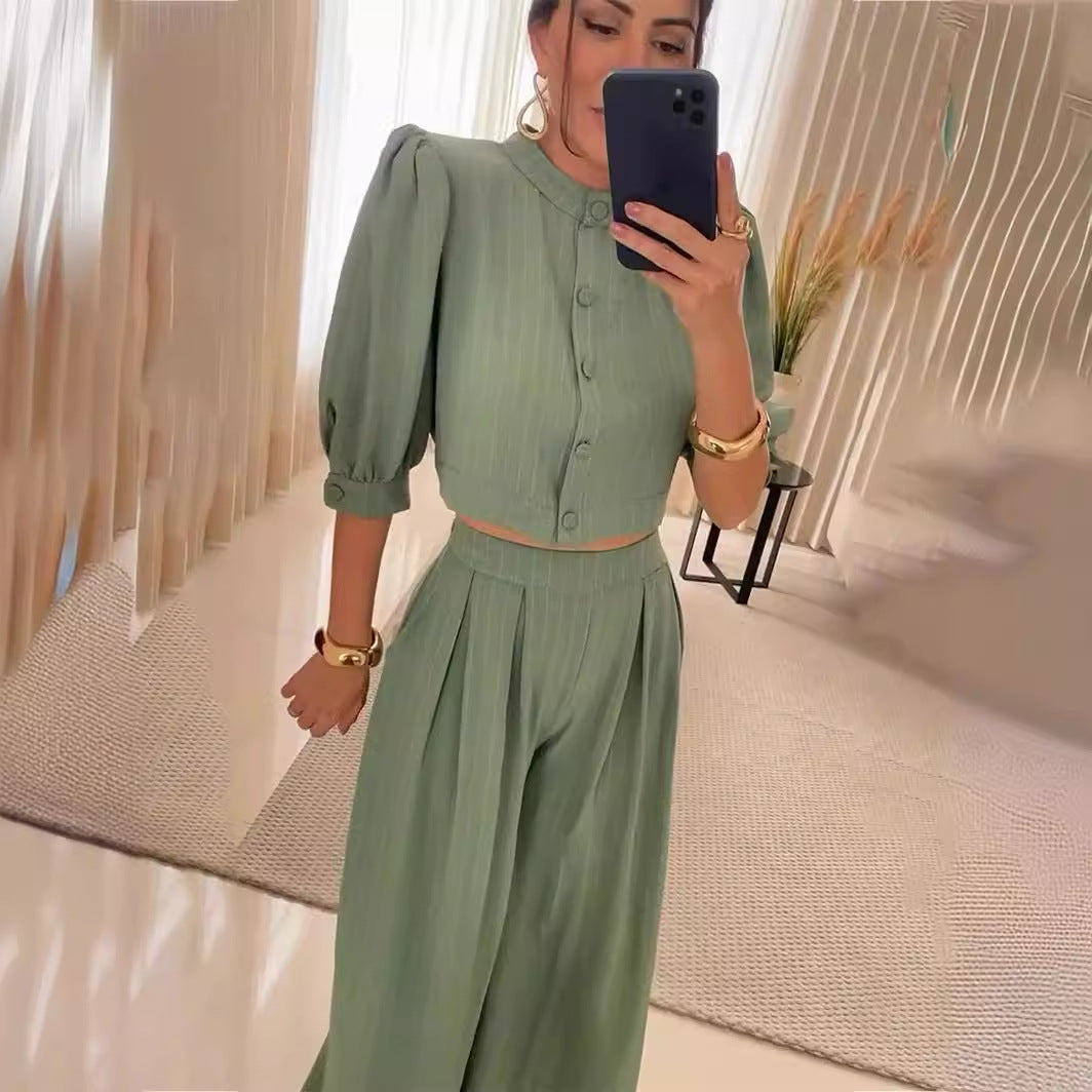 Sage green two-piece pantsuit in langry fashion style for women, stylish ملابس ensemble