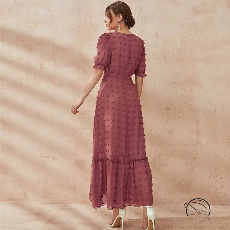 Puff short sleeve high waist mauve dress with dotted pattern and tiered hemline