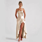 Champagne satin high-low formal dress with ruched bodice and asymmetrical hem