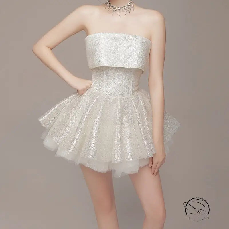 Elegant strapless white glittery short dress in Langry fashion