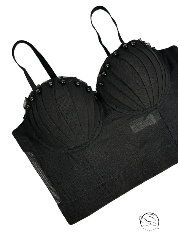 Black lace bra with silver embellishments in Langry fashion corset