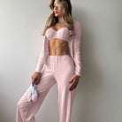 Pink ribbed langry fashion pajamas set with jacquard knit, cardigan, pants, sweetheart neckline