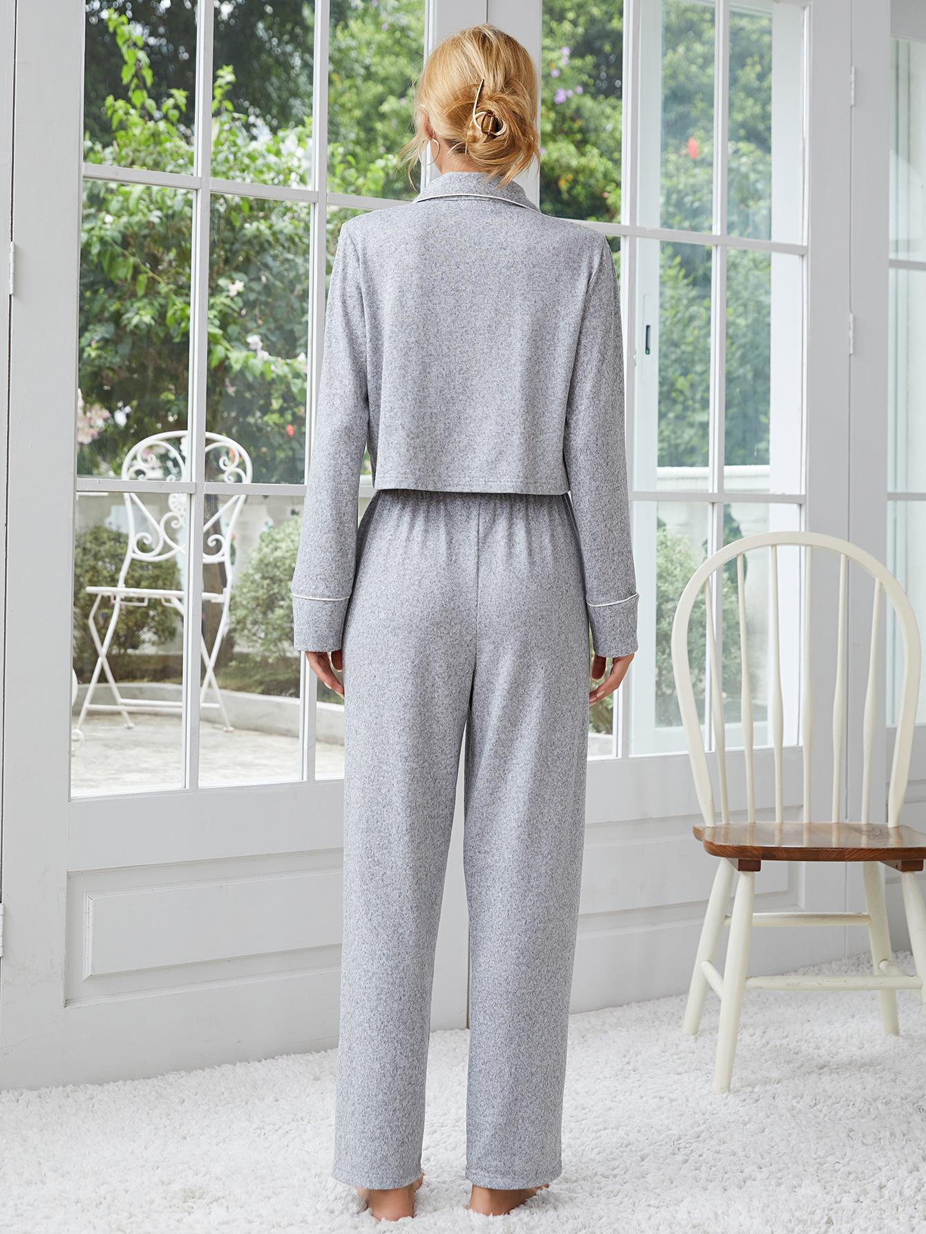 Women’s light grey long-sleeve pajama set with white piping for stylish home wear