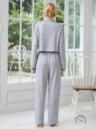 Women’s light grey long-sleeve home wear pajama set with white piping