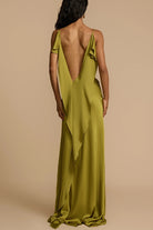 Olive green backless flowing gown from the Stunning Loose Satin Dress collection in fashion
