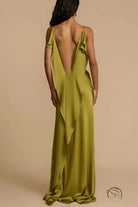 Stunning loose satin dress in olive green backless flowing gown