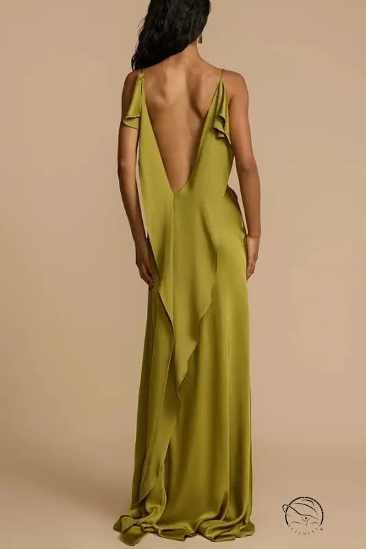 Stunning loose satin dress in olive green backless flowing gown