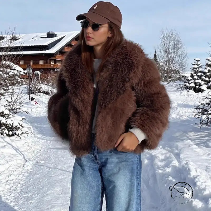 Oversized faux fur effect plush coat in brown relaxed fit