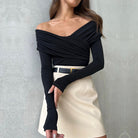 Langry fashion black off-shoulder draped crop top in elegant jumpsuit