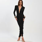 Elegant slim evening dress in black ruched fashion with gold accents