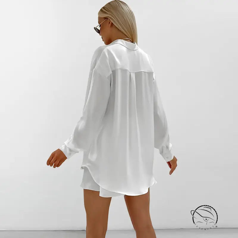 White oversized satin soft two piece pajamas shirt and shorts set