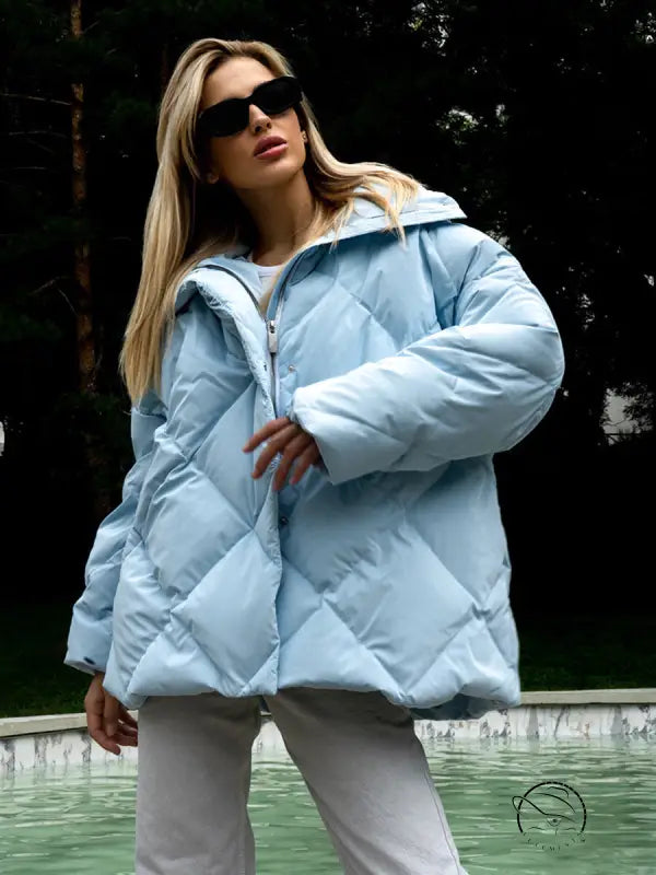 Light blue langry fashion quilted puffer jacket with hood