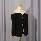 Elegant Langry black feathered blazer with gold buttons, off-shoulder fashion