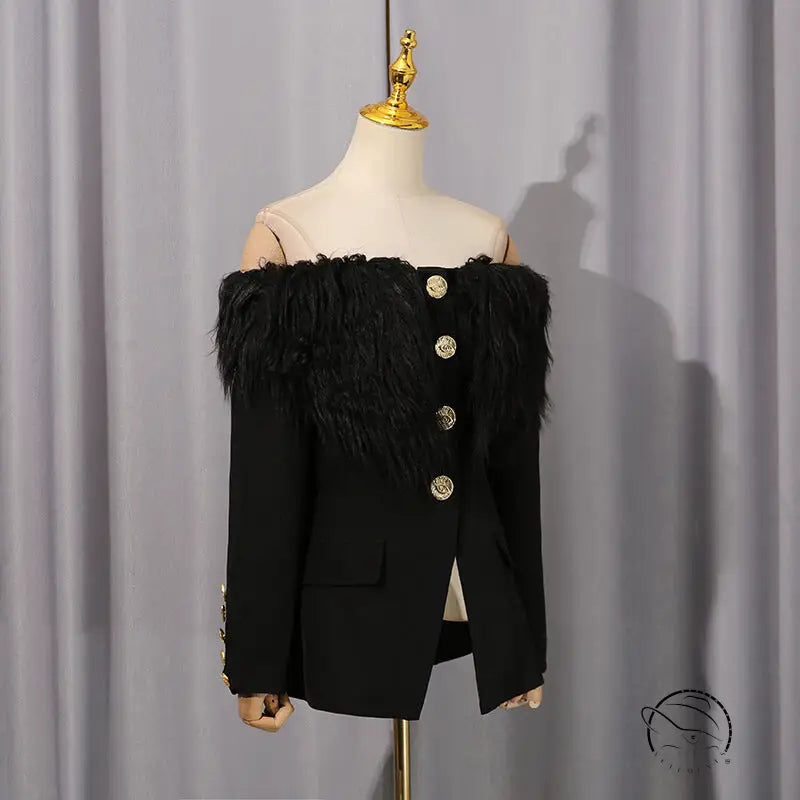 Elegant black feathered blazer with gold buttons in langry fashion