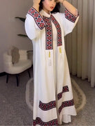 White embroidered maxi dress with red black geometric patterns, langry fashion ملابس