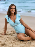 Beautiful langry light blue ruffled one-piece swimsuit with v-neckline