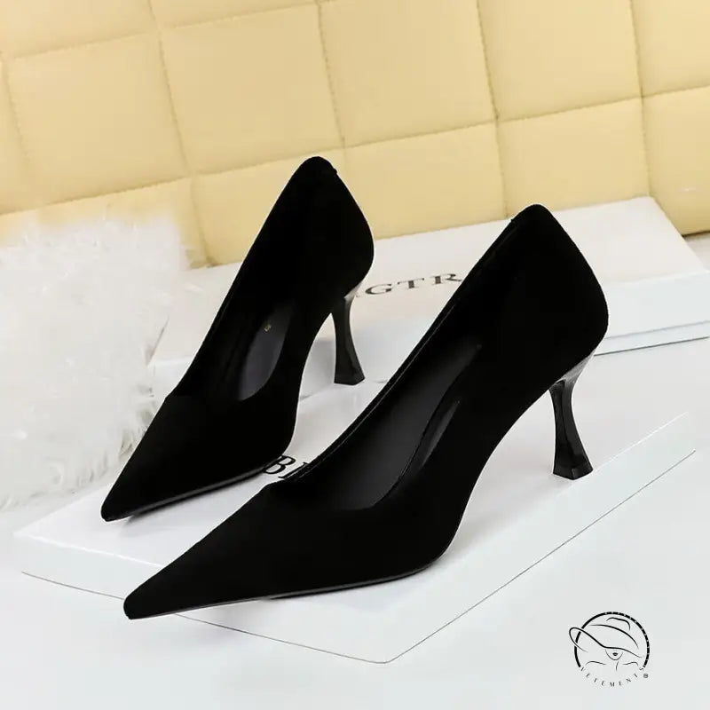 Black suede pointed toe stiletto heels in langry fashion