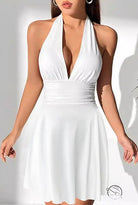 White halter-neck mini dress in stunning backless short fashion style