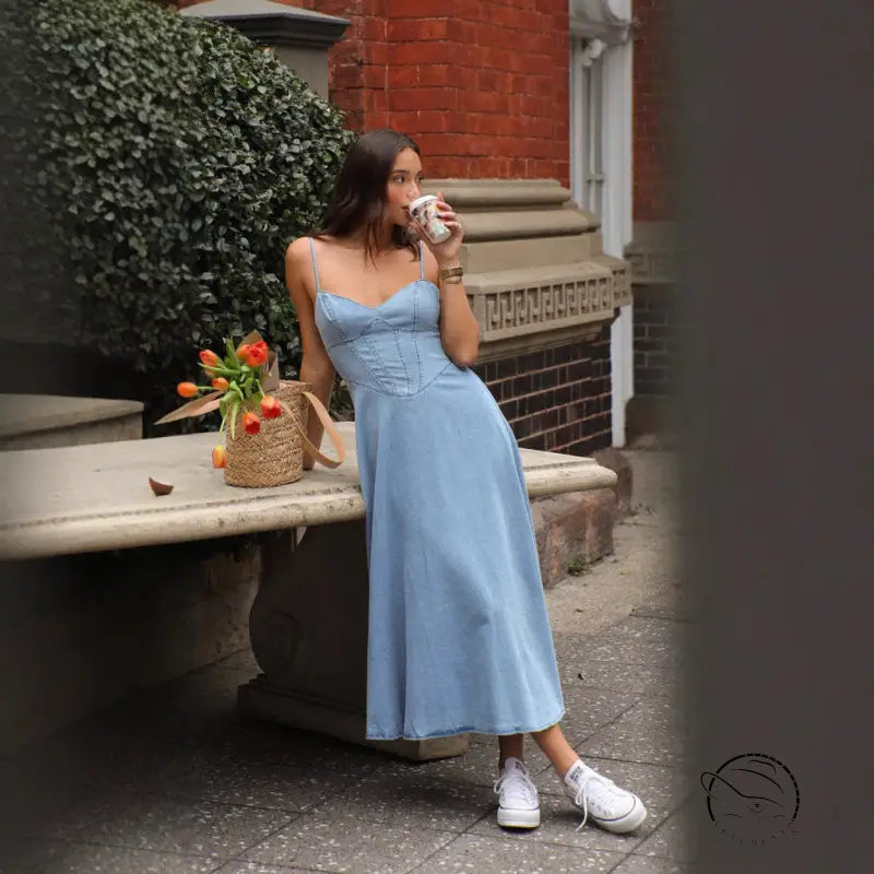 Light blue langry fashion sundress with spaghetti straps and fitted bodice