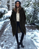 Langry fashion casual faux fur coat with plush dark brown teddy bear hood and sleeves