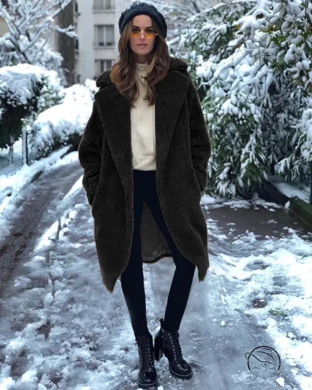 Langry casual faux fur coat: plush dark brown teddy bear style with hood