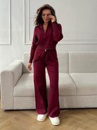 Langry fashion burgundy zip-up tracksuit with slim fit sweater set and white sneakers