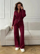 Burgundy langry fashion tracksuit with wide-leg pants and white sneakers