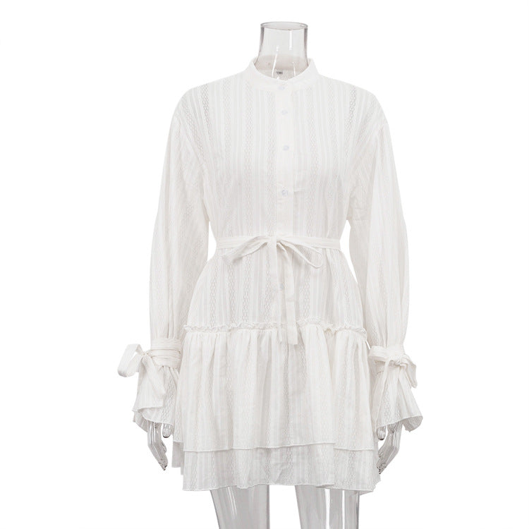 Delicate white long sleeve French Tie Ruffled dress with lace cuffs