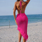 Hot pink knitted beach dress with ruffled hem, part of Beach Three Layer Lotus Beveled Skirt Set