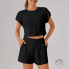 Black loose sports yoga fitness set with crop top, shorts, elastic waistband, pockets