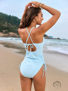 Light blue Langry one-piece swimsuit with cross-back straps and side ties