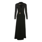 Enchanting Split Evening Dress: Black langry fashion maxi with deep V-neck and brooch