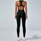 Black langry yoga one-piece jumpsuit with racerback and open back