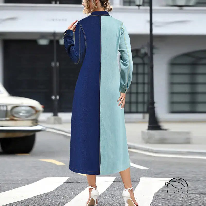 Beautiful denim stitching two-tone long-sleeve midi dress