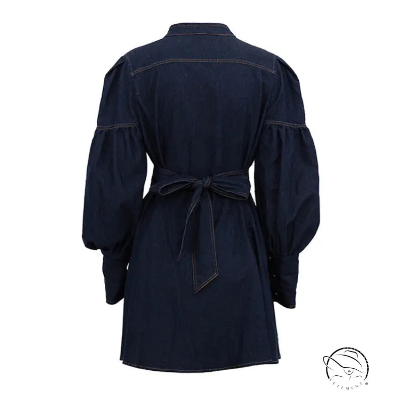 Dark blue denim shirt fashionable dress with puff sleeves and tie-waist