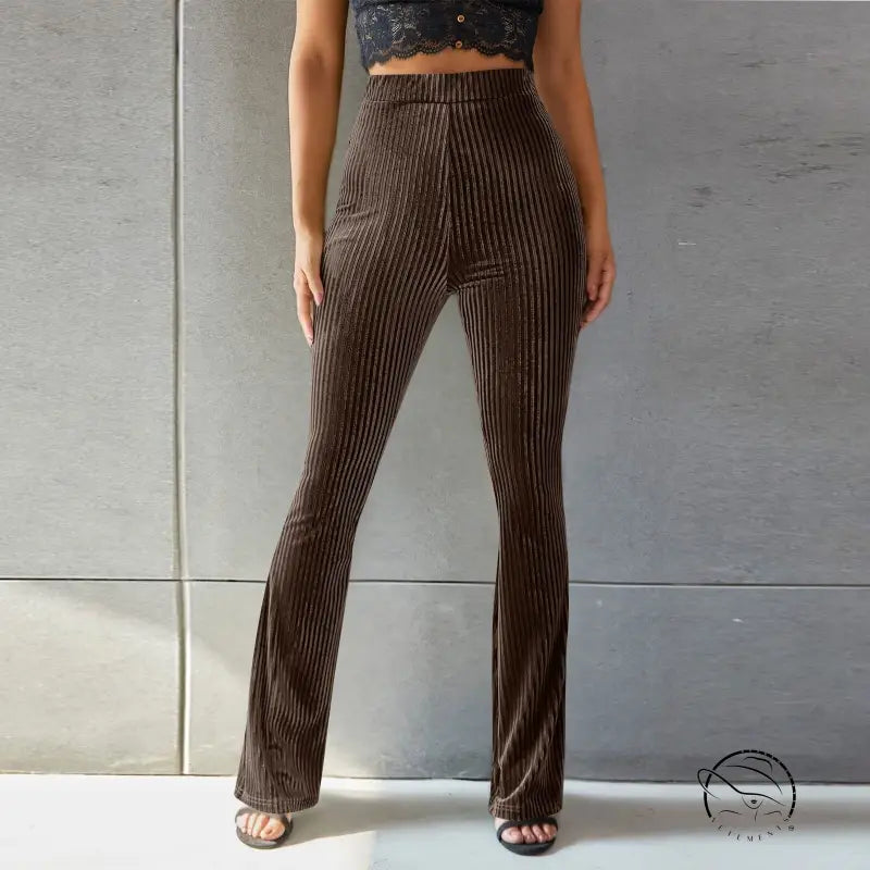 High waist pleuche sunken stripe brown velvet flared pants