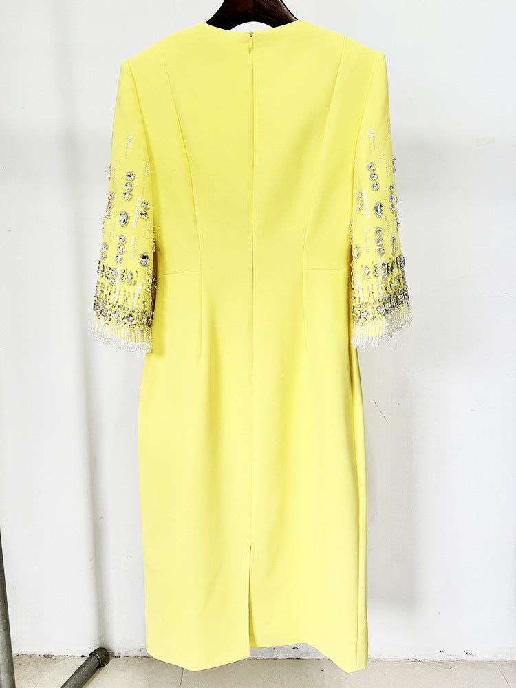 Yellow Diamond Embedded Mid Length Dress featuring embellished sleeves for elegant fashion