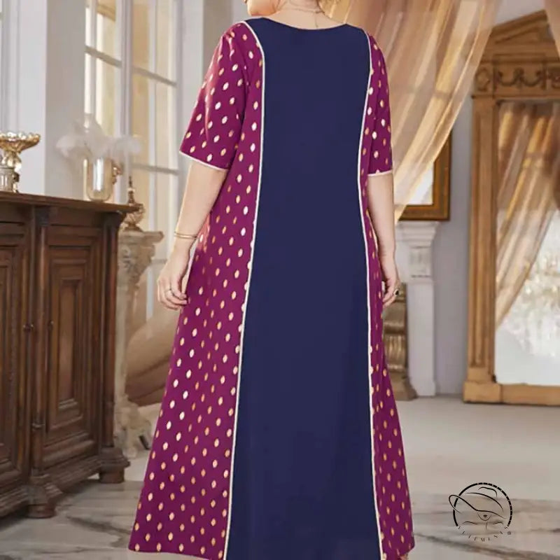 Comfy high waist elastic dress in dark purple with gold polka dots