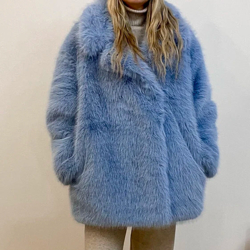 Blue faux fur coat with high collar and long sleeves in Langry fashion